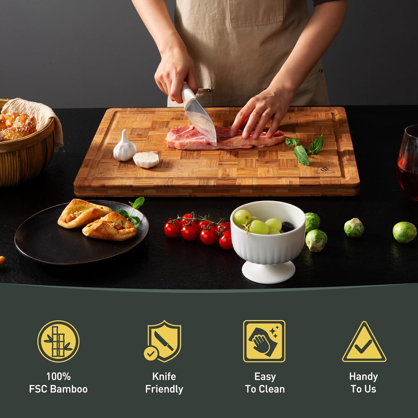 3 Pack Heavy Duty Bamboo Cutting Board Set Non Toxic Wooden Cutting Board for Kitchen Non Slip Solid End Grain Thick Wood Juice Groove Chopping Board Extra Large Butcher Block Best House Warming Gift