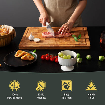 3 Pack Heavy Duty Bamboo Cutting Board Set Non Toxic Wooden Cutting Board for Kitchen Non Slip Solid End Grain Thick Wood Juice Groove Chopping Board Extra Large Butcher Block Best House Warming Gift