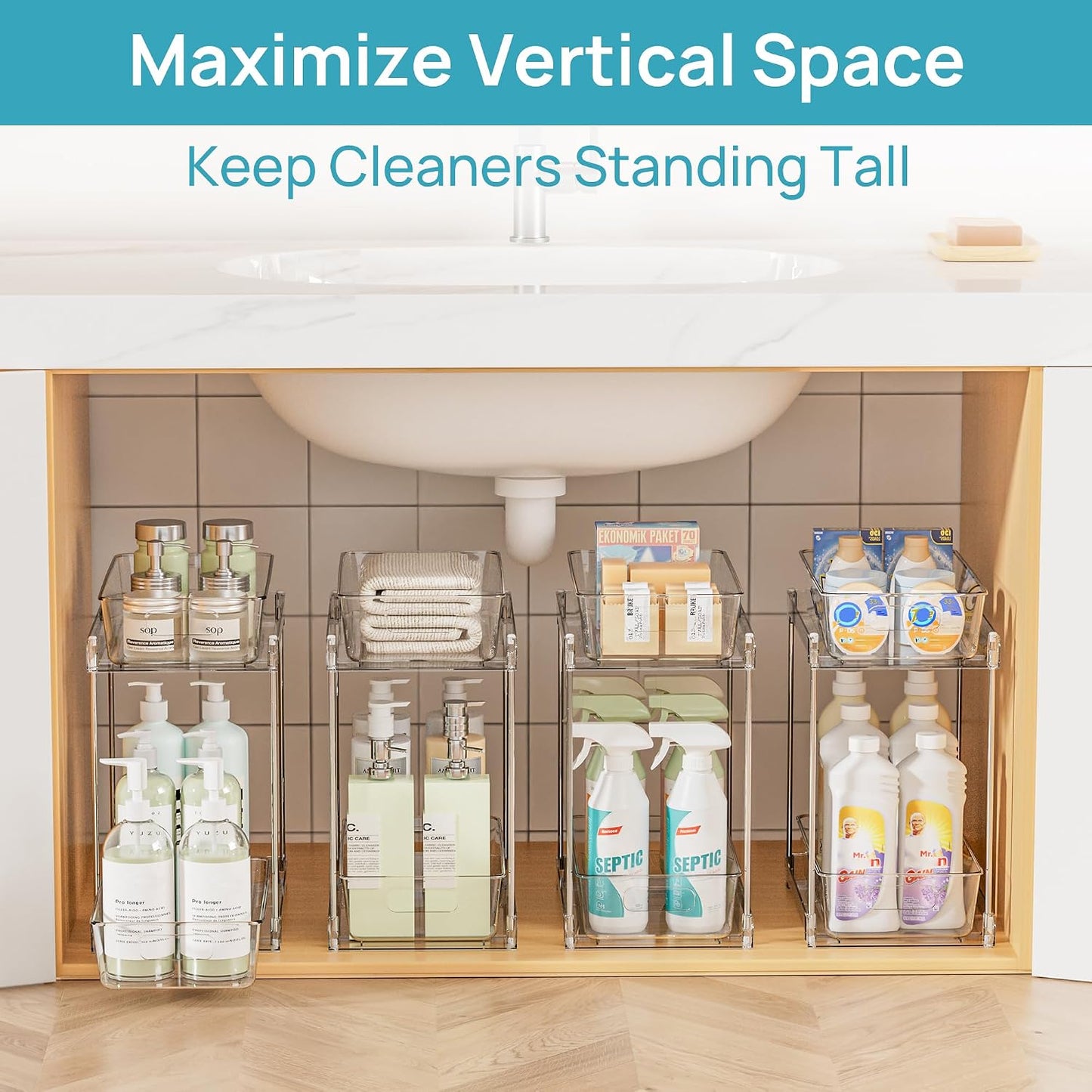 Vtopmart 4 Pack Bathroom Under Sink Organizers Organizer, 2 Tier Clear Pull-Out Organization (S-Standard)