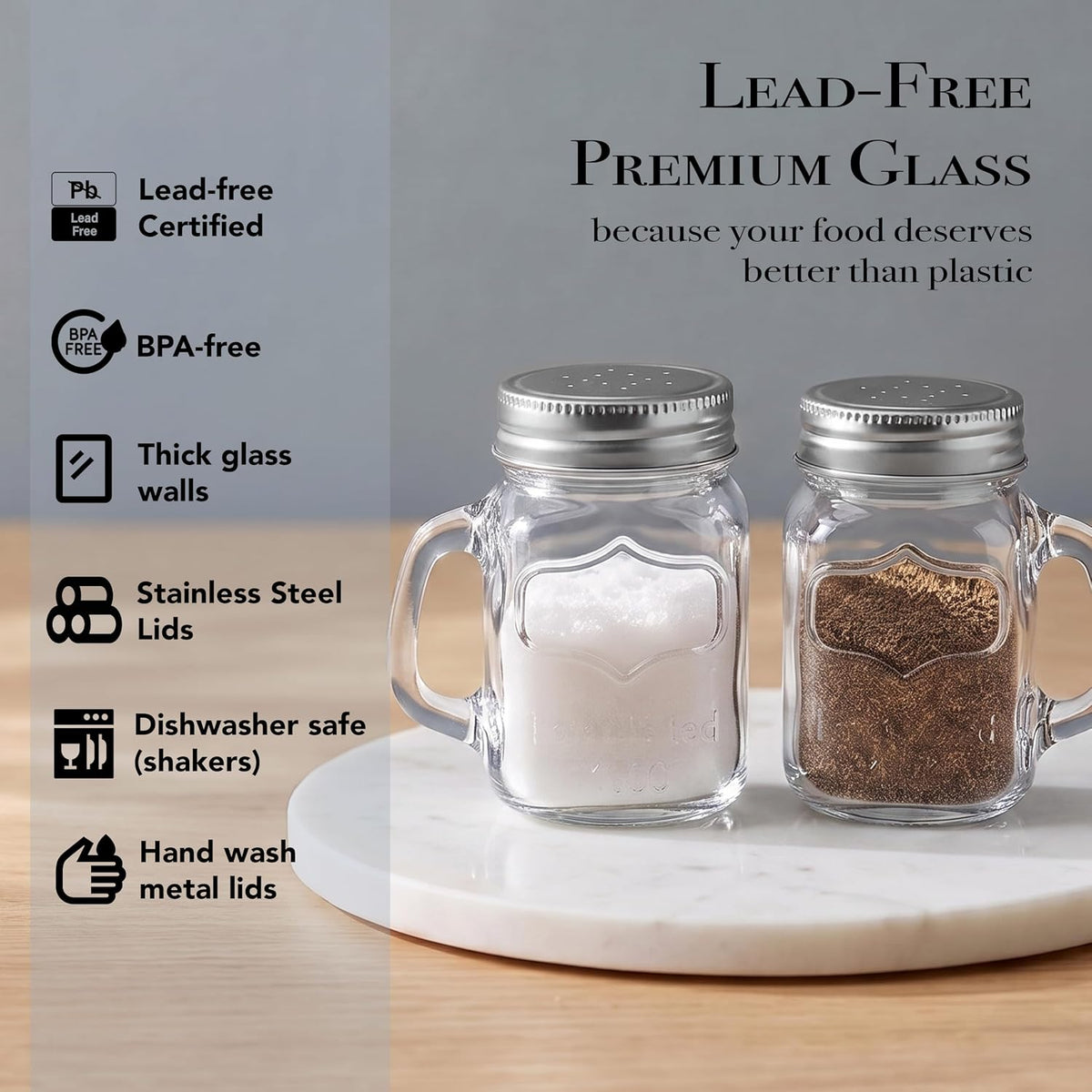 Circleware Mason Yorkshire Jar Mug Salt and Pepper Shakers with Glass Handles and Metal Lids, 5 Ounce, Set of 2 in Gift Box, Limited Edition Glassware Serveware