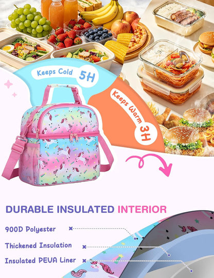 VASCHY Lunch Box Bag for Kids, Insulated Double Compartments Cooler Lunch Tote for Toddlers Boys Girls School/Daycare/Picnic Black Dinos