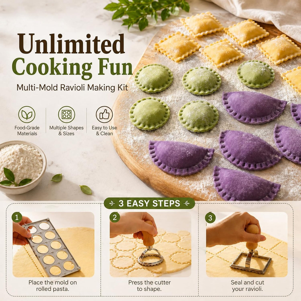 11 Pieces Ravioli Mold Set, Easy-to-Use Ravioli Maker Press with Ravioli Cutter Wheel, Pasta Cutter & Ravioli Making Kit, Wooden Pasta RollerPasta Making Tools for home，pasta lover