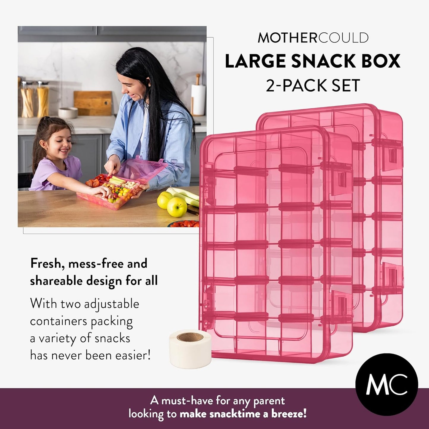 Large Kids Snack Box Containers Set of 2 -100 Labels, BPA-Free, Adjustable Compartments, Dishwasher Safe, Reusable Tray, Food Grade, Meal Prep Container, PARENT TESTED PARENT APPROVED AWARD (Clear)