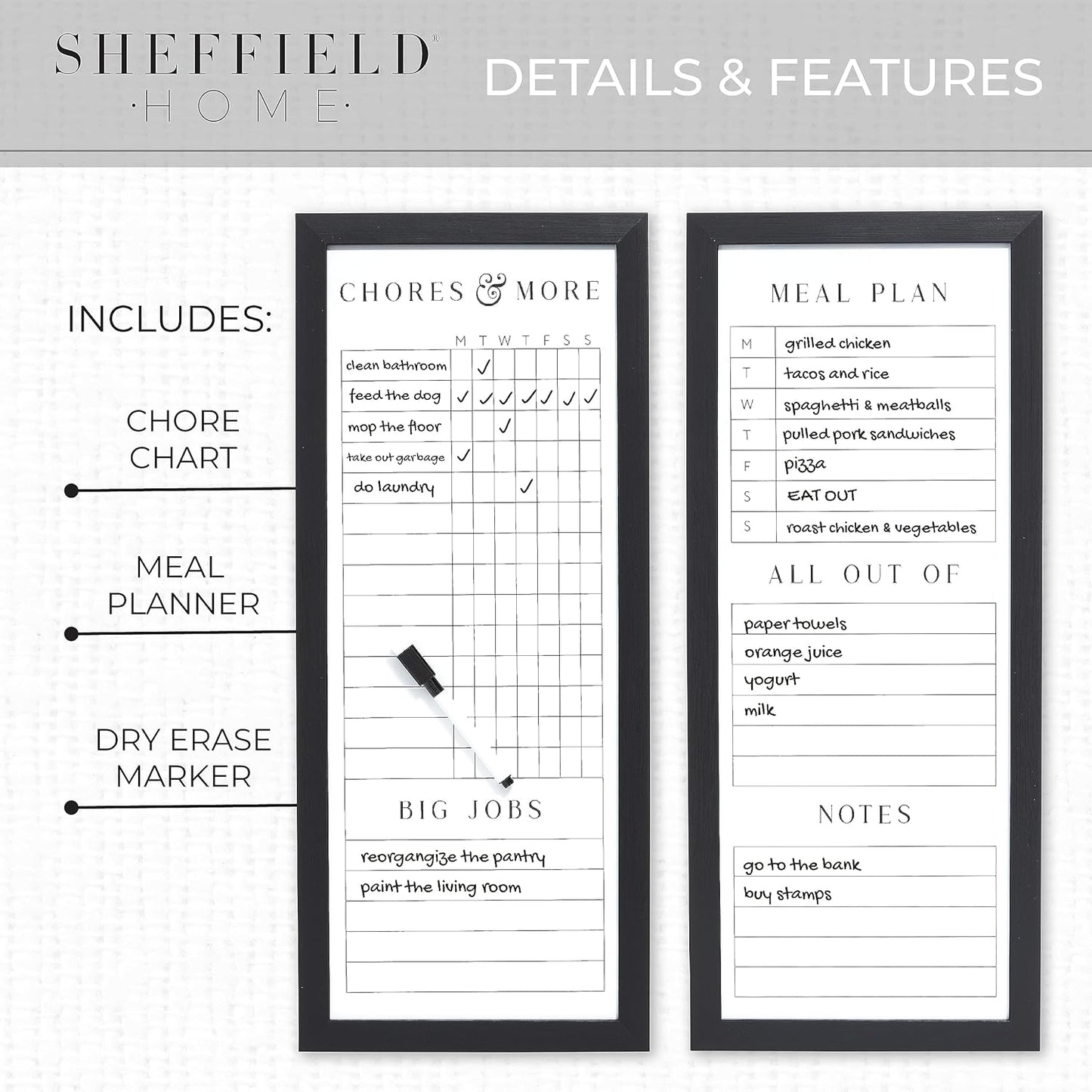 Sheffield Home Set of Two Family Planner Dry Erase Boards Featuring, Chore Chart, Shopping List, Weekly Meal Planner and Notes, 9x21 Inch, Natural