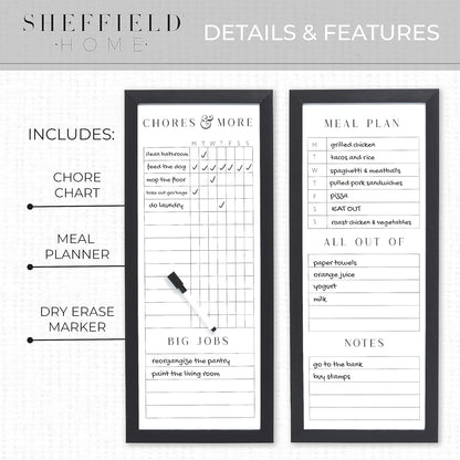 Sheffield Home Set of Two Family Planner Dry Erase Boards Featuring, Chore Chart, Shopping List, Weekly Meal Planner and Notes, 9x21 Inch, Natural