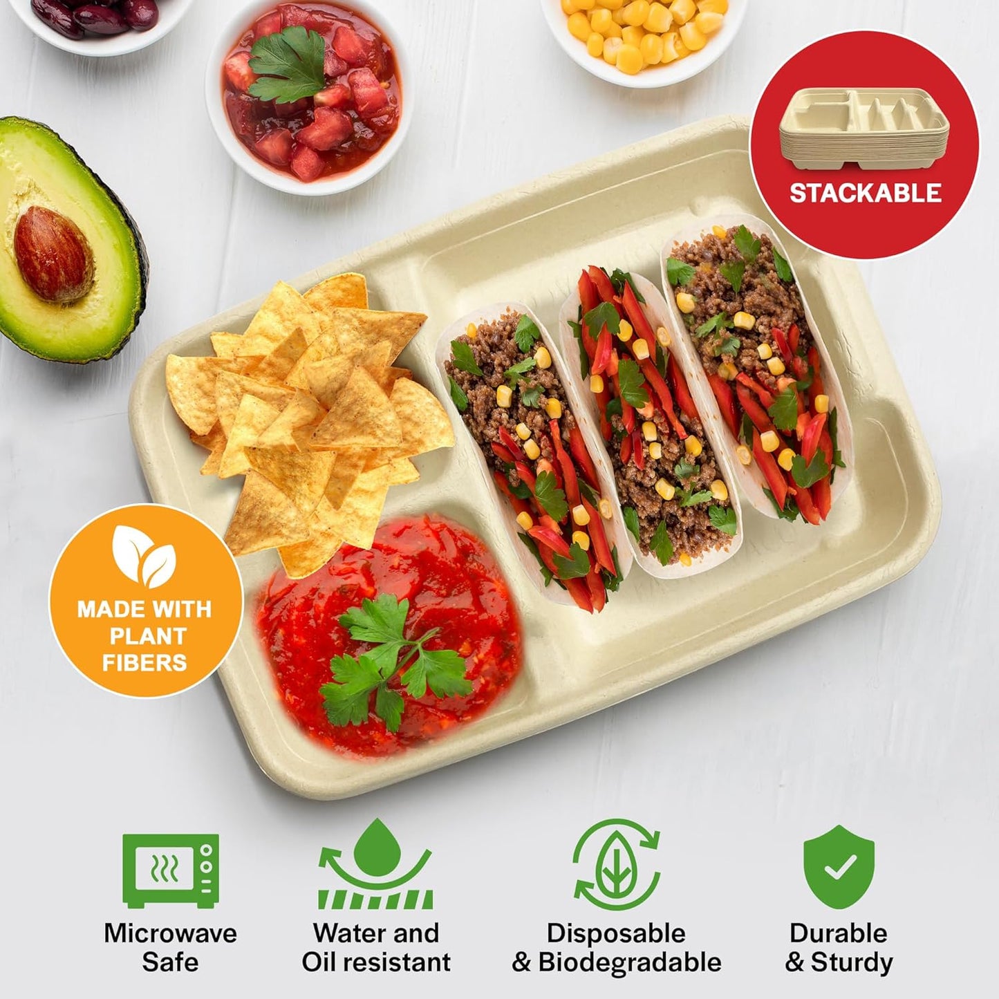 3-Taco & 2-Sides Taco Plates, Disposable Paper Plates with Dividers – 25 PACK | Taco Tray for Party, Fiesta Taco Holder, Taco Stand for Taco Tuesday & Taco Bar, Microwave-Safe Taco Plates (25 Plates)
