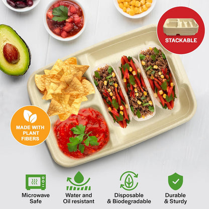 3-Taco & 2-Sides Taco Plates, Disposable Paper Plates with Dividers – 25 PACK | Taco Tray for Party, Fiesta Taco Holder, Taco Stand for Taco Tuesday & Taco Bar, Microwave-Safe Taco Plates (25 Plates)