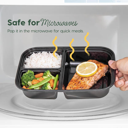 IRIS USA Meal Prep Containers, 36oz - 50 Pack (100-Piece) 3-Compartment Reusable Food Storage Containers with Lids, Plastic Kitchen Food Prep To Go Lunch Box, Microwave Freezer Dishwasher Safe, Black
