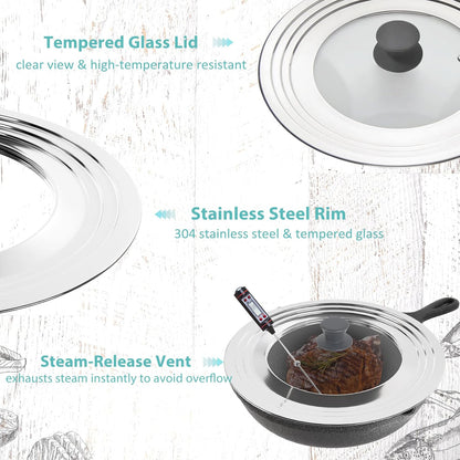 Universal Pans Pots Lid Cover Fit All 8.25 Inch to 12 Inch Pots/Pans/Woks Stainless Steel and Glass Lid with Heat Resistant Knob, Black
