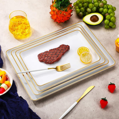 Rtteri Set of 4 Large Serving Platter Set 15/14/13/12 Inch Heavy Plastic Serving Trays Unbreakable Rectangular Platter Reusable Wood Grain Tray for Buffet Wedding Christmas Party(Black and Red)