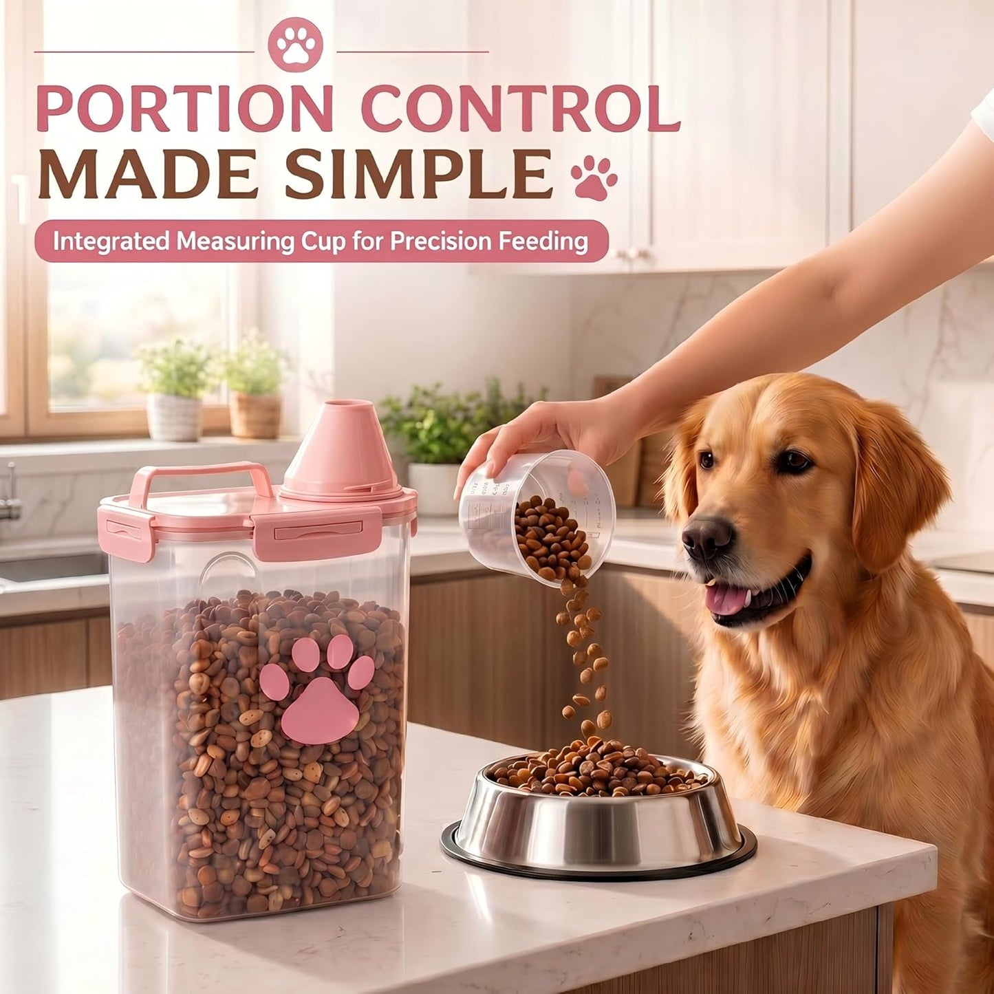Dog Storage Container with cleaning brush,Measuring Cup,Portable Pet Food Containers with Upgraded Large Spout and Cup for Dogs,Cats,Birds,Small Animals(White)