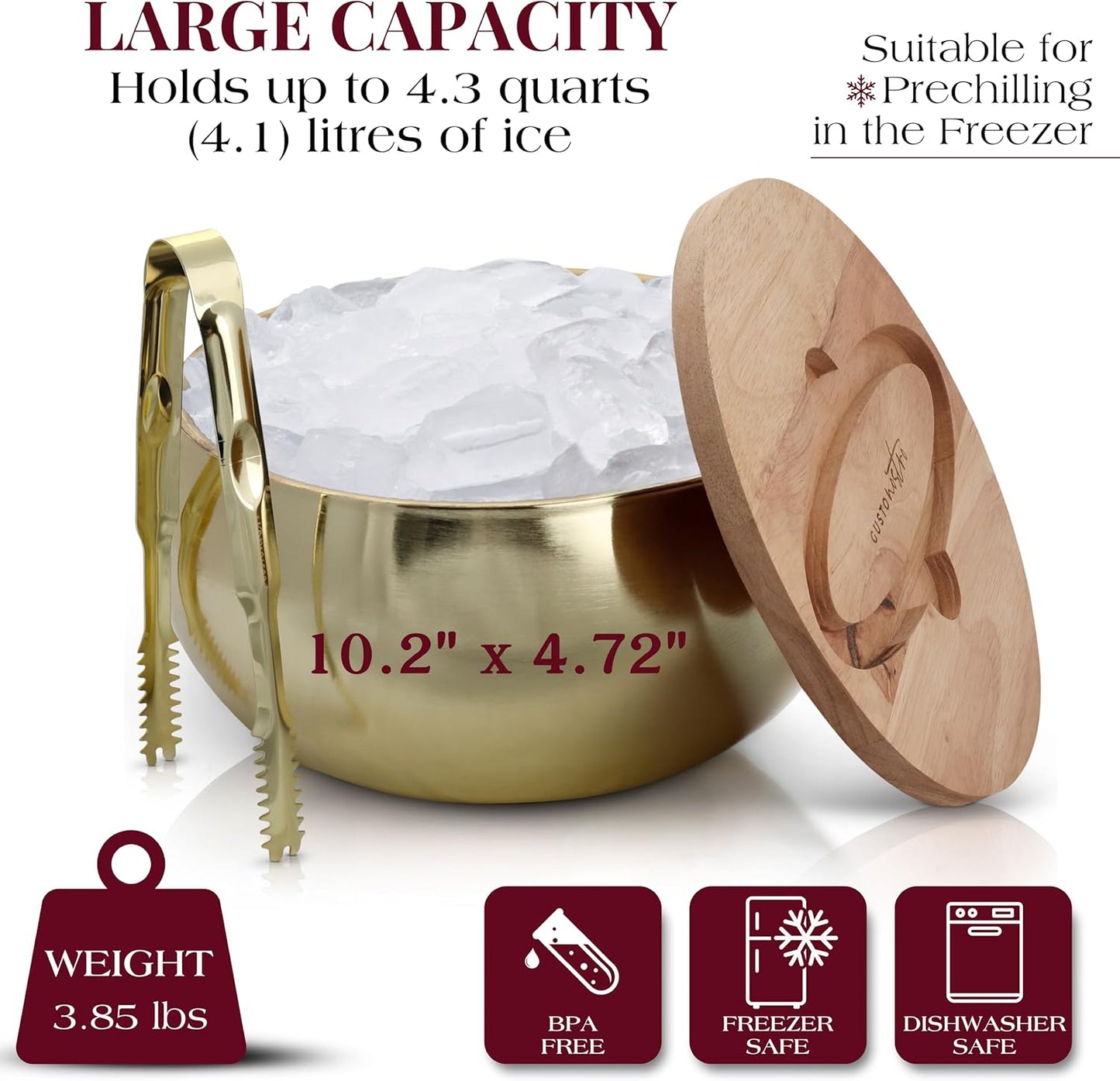 Gusto Nostro 4.1L Insulated Ice Bucket with Lid and Tongs, Double Wall Stainless Steel Ice Bucket Large, BPA Free Ice Bucket for Cocktail Bar, Keeps Champagne, Wine, Beer Chill for Parties