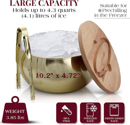 Gusto Nostro 4.1L Insulated Ice Bucket with Lid and Tongs, Double Wall Stainless Steel Ice Bucket Large, BPA Free Ice Bucket for Cocktail Bar, Keeps Champagne, Wine, Beer Chill for Parties