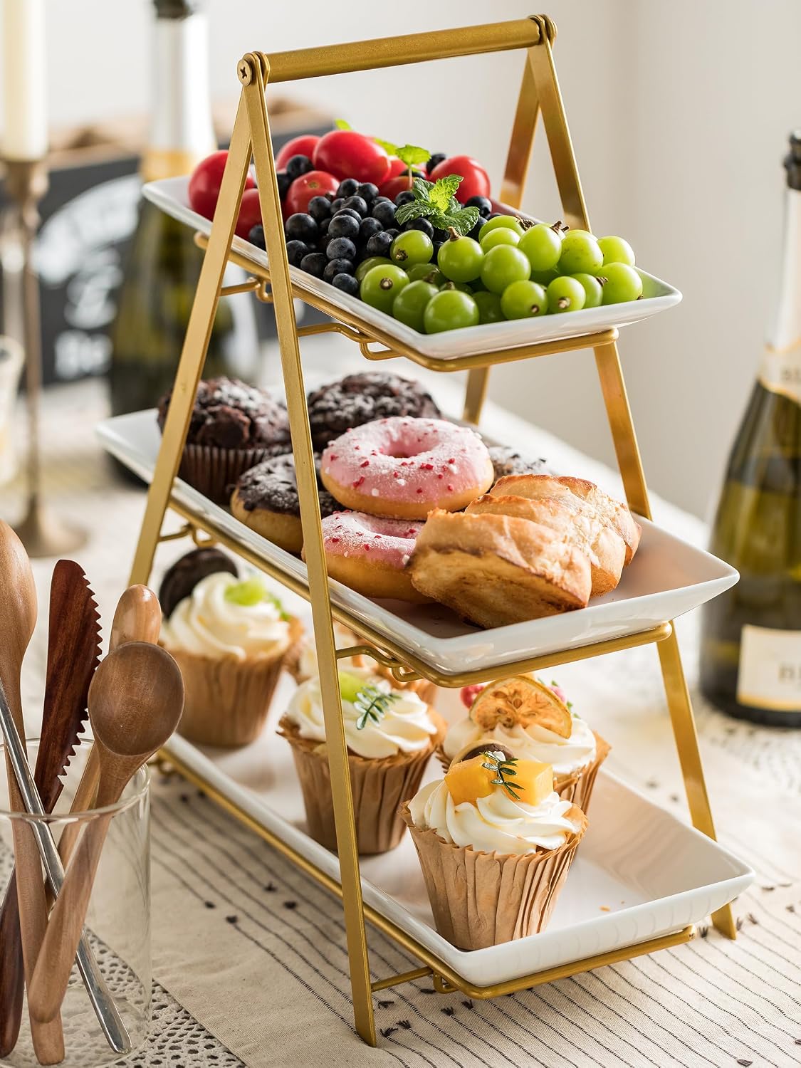 YHOSSEUN 3 Tier Serving Tray Tiered Tray Stand, Ceramic Serving Platters and Trays with Metal Rack, 10+12+14 Inch Large Serving Trays for Party 3 Tier Serving Stand Dessert Display Set, Black