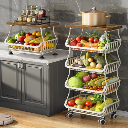 SAYZH Fruit Basket Kitchen Pantry Organizers and Storage - Wooden Top Table, Stackable Metal Wire Basket Stand Cart for Fruit Vegetable Snacks Onion Potato Organization (Black, 5 Tiers)