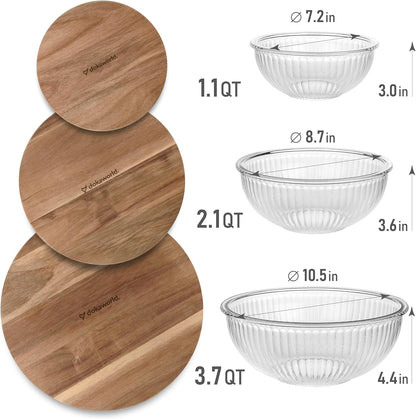 Set of 4 Stackable Space-Saving Nesting Glass Bowls with Airtight Acacia Lids for Lunch, Meal & Food Prep - Microwave & Oven-ready BPA Free Durable Heat Resistant Inert Borosilicate Glass