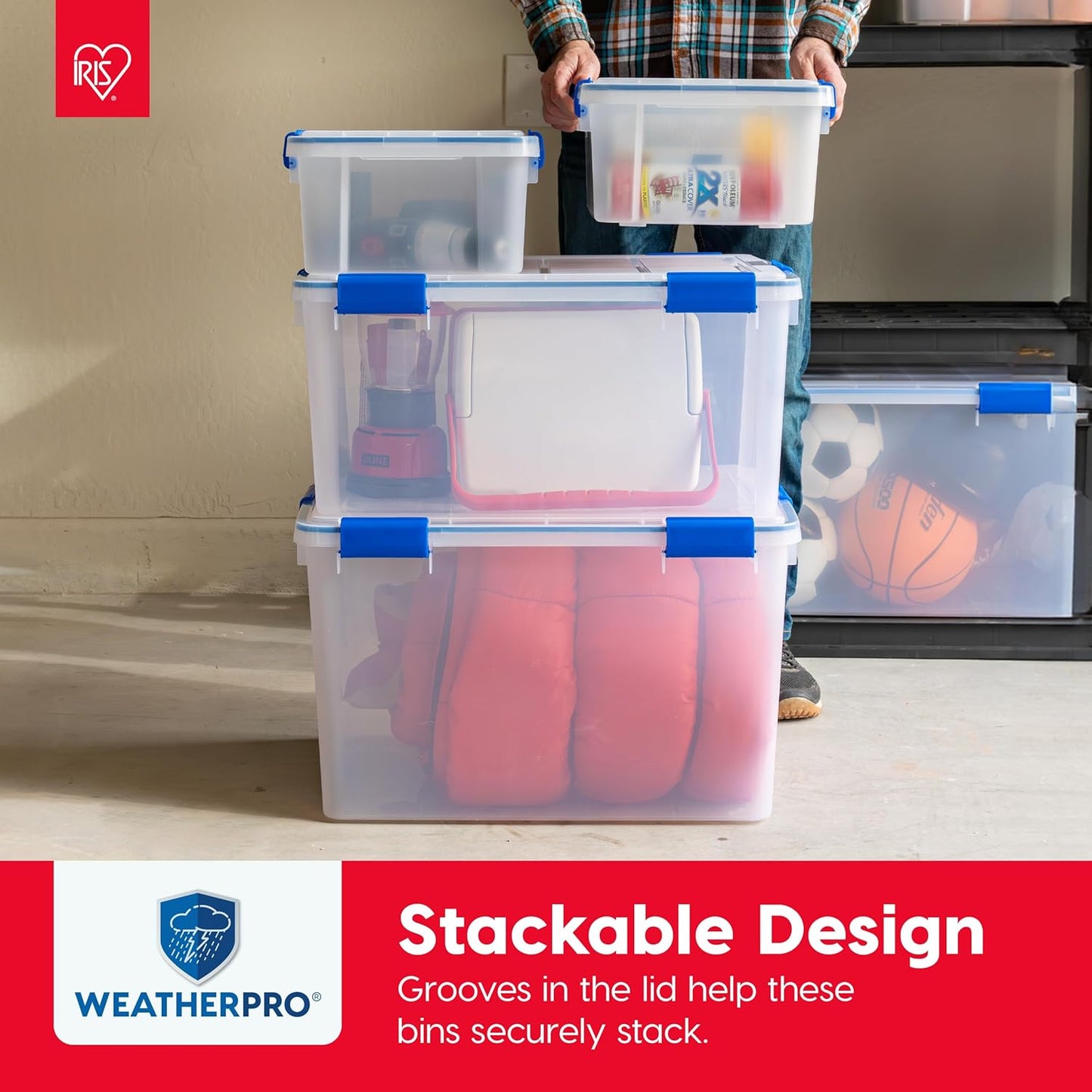 IRIS USA WeatherPro 16 Qt Storage Bins with Lids, 3 Pack, BPA-Free Plastic Gasket Box with Tight Latch and Seal, Stackable Nestable Tote Tub - Clear/Blue