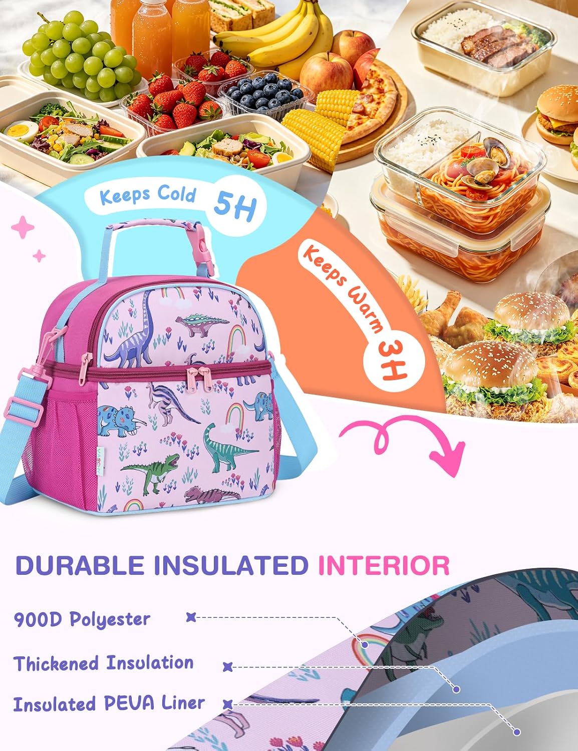 VASCHY Lunch Box Bag for Kids, Insulated Double Compartments Cooler Lunch Tote for Toddlers Boys Girls School/Daycare/Picnic Black Dinos