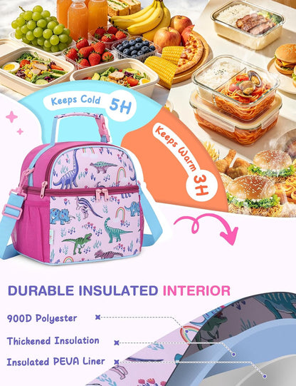 VASCHY Lunch Box Bag for Kids, Insulated Double Compartments Cooler Lunch Tote for Toddlers Boys Girls School/Daycare/Picnic Black Dinos