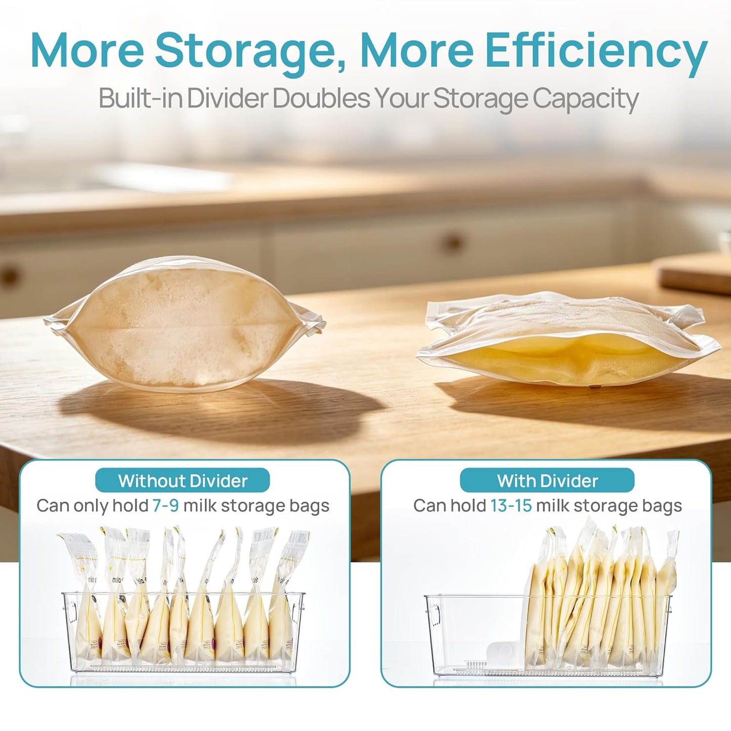 Vtopmart 4 Pack Breast Milk Storage Bags Container with Sliding Adjustable Dividers, Flexibly Adjust Compartments for Breast Milk Storage, Fridge and Freezer Organizer Bins