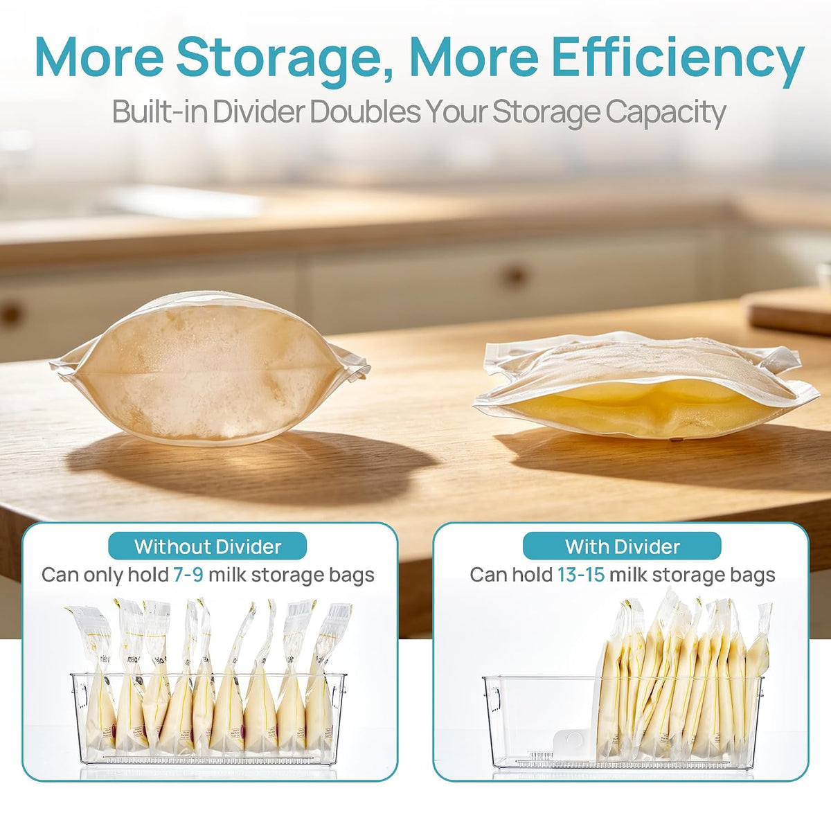 Vtopmart 4 Pack Breast Milk Storage Bags Container with Sliding Adjustable Dividers, Flexibly Adjust Compartments for Breast Milk Storage, Fridge and Freezer Organizer Bins