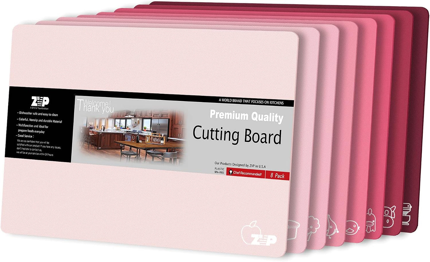 ZVP Plastic Cutting Boards for Kitchen, Flexible Cutting Mats, Colorful Chopping Boards with Food Icon, Non-Slip, Non Porous, BPA Free, Dishwasher Safe Rainbow