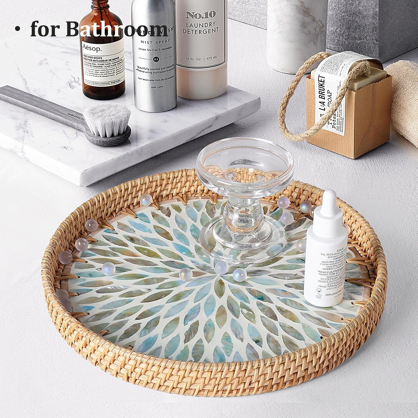 Round Rattan Tray with Mother of Pearl Inlay, Rattan Serving Tray for Coffee, Bread, Fruits, Decorative Wicker Tray for Table Decor, Home Decor, Kitchen Island Decor(Black Checkerboard, 11.8")
