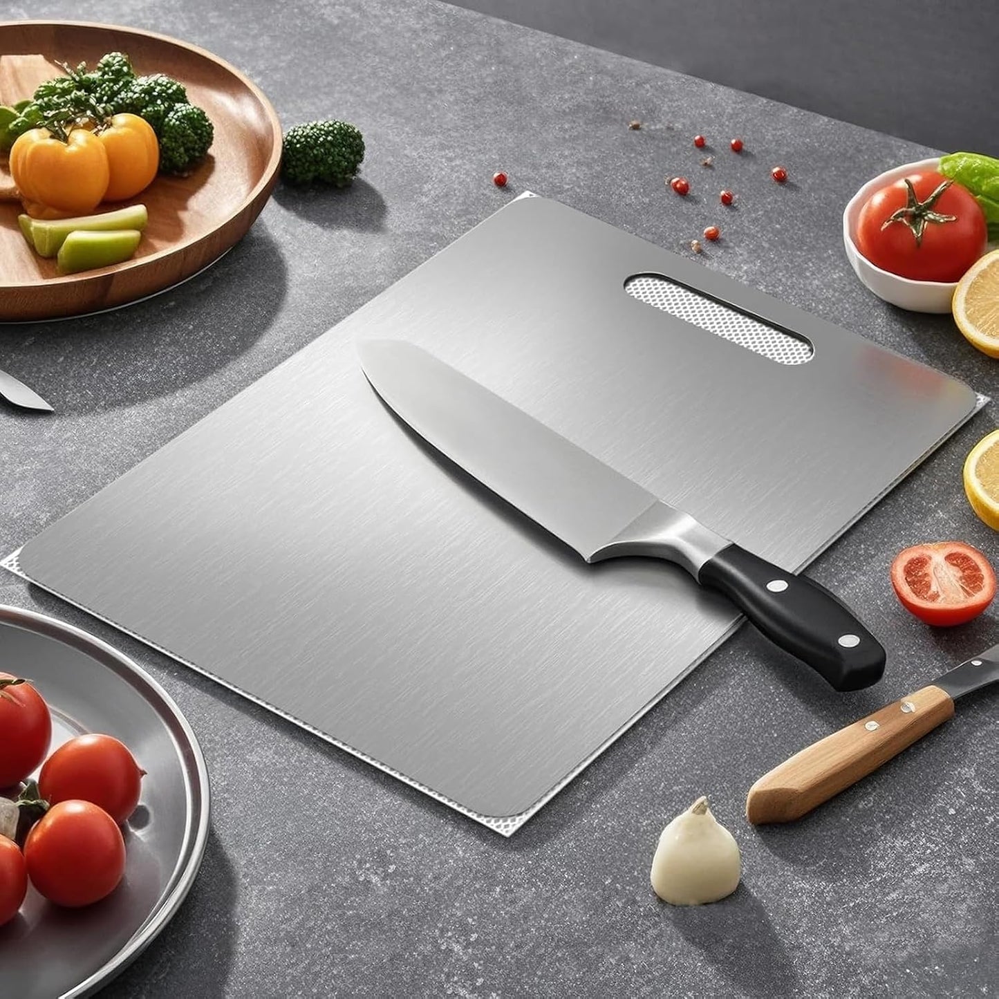 New Upgraded Titanium Cutting Board, Stainless Steel Cutting Boards For Kitche, Dishwasher Safe Double-sided Chopping Board with Peeler and Anti-slip Mat(18"L x 12"W)
