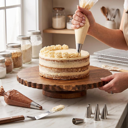 13 Inch Acacia Wood Cake Stand with Lazy Susan - Rotating Cake Turntable for Decorating, Scalloped Wooden Cake Spinner for Wedding, Birthday, Party - Includes 50Pcs 9" Parchment Paper