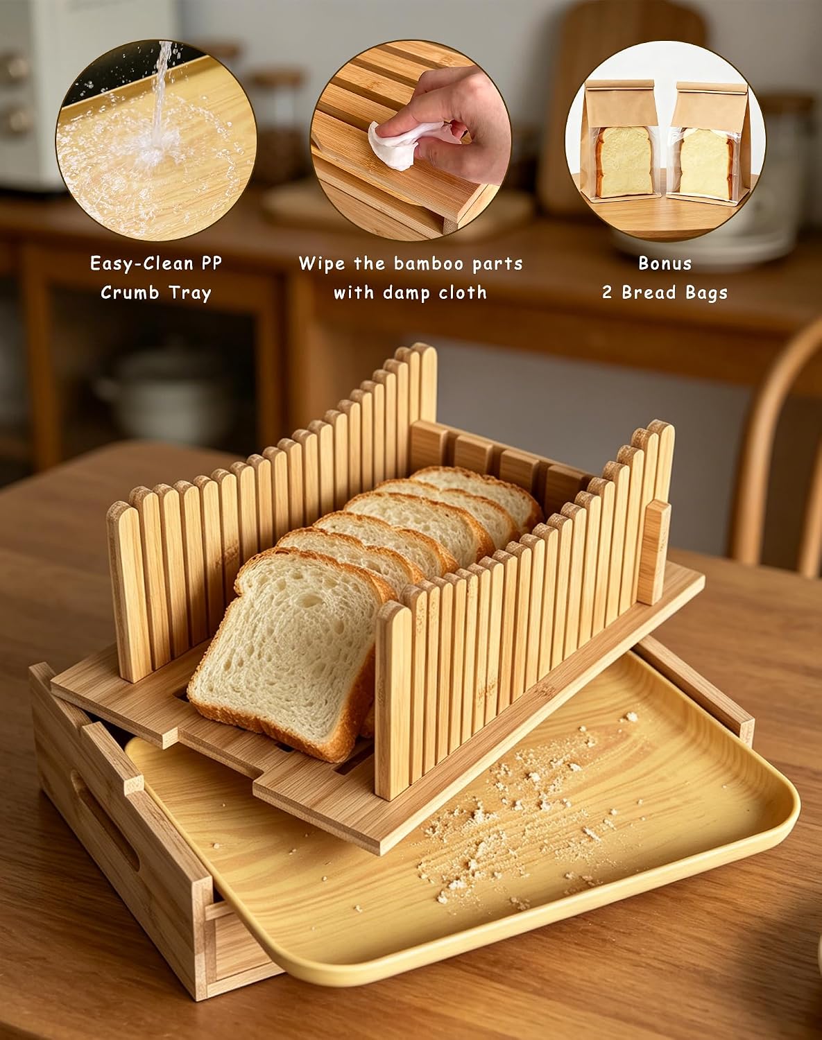 Bamboo Bread Slicer for Homemade Bread, Storage Drawer 2 Bread Bags