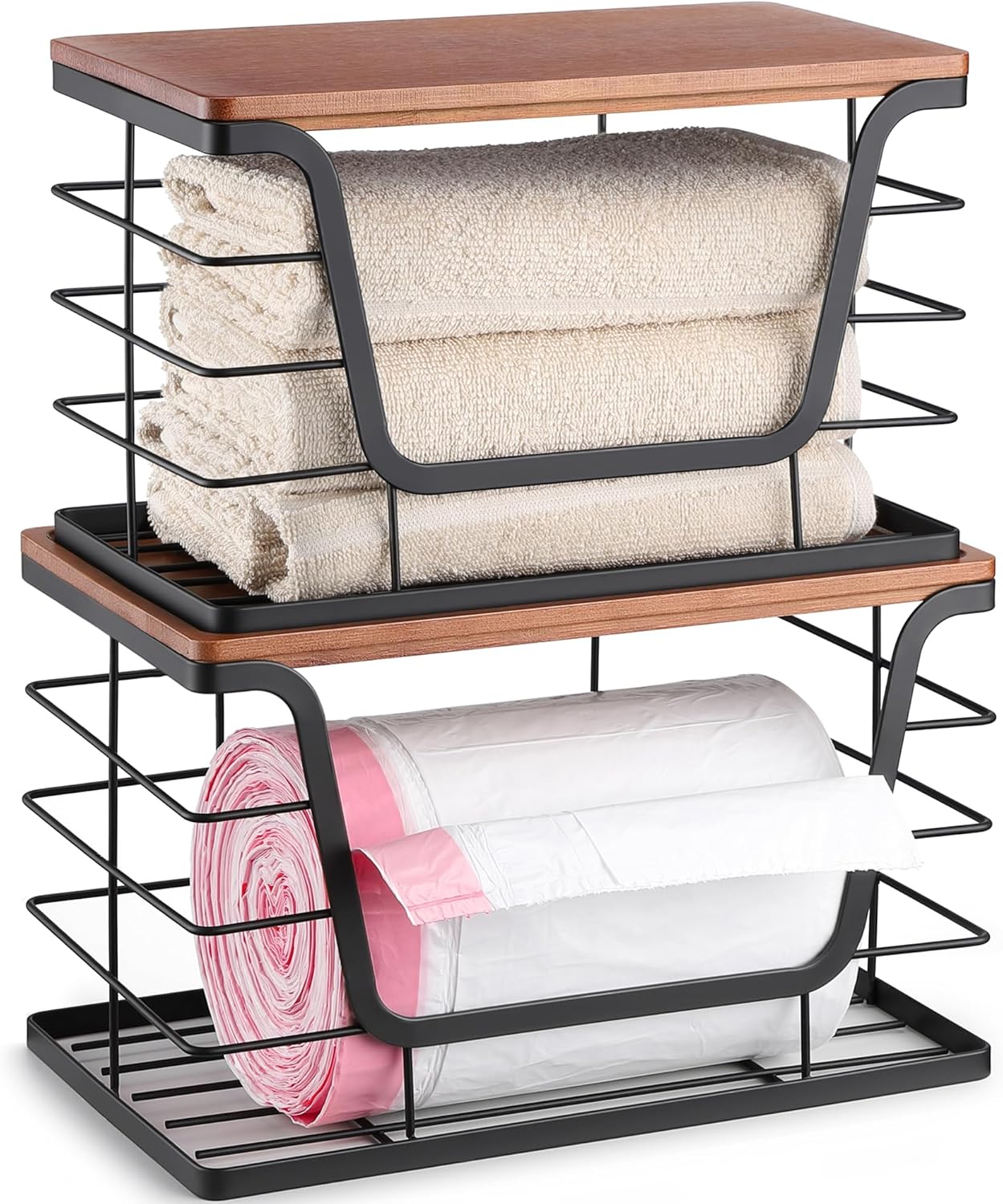 ALOCEO 2 Pack Stackable Wire Storage Basket with Bamboo Lid, Trash Bag Dispenser Under Sink for 4-13 Gal Bags, Kitchen Storage Bins for Potato and Onion, Brown
