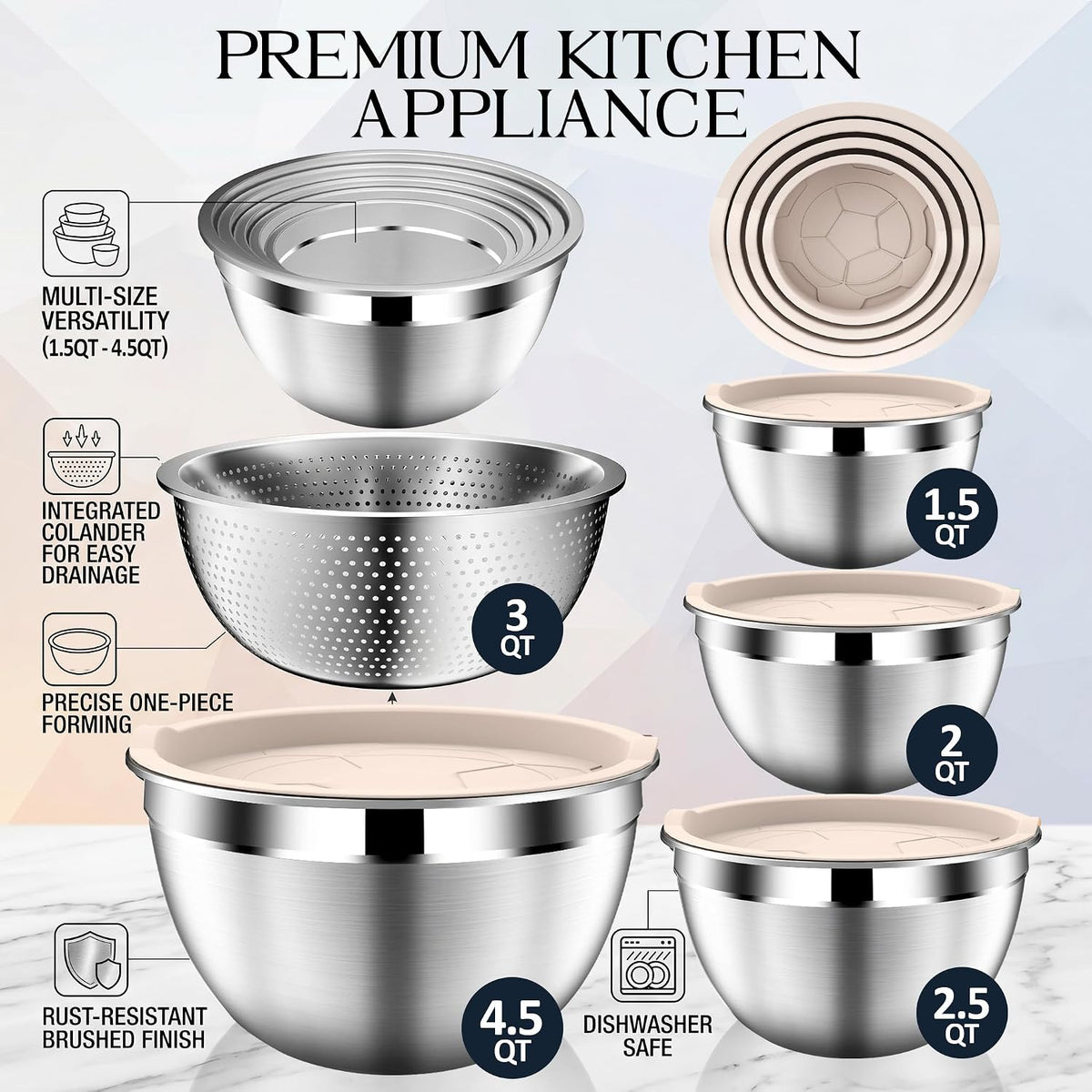 DUTZUN Mixing Bowls with Lids Set - 16pcs Stainless Steel Mixing Bowl Set with Colander, 3 Grater Attachments, Non-Slip Bottom, Metal Nesting Bowls with Strainer for Mixing & Serving - Black