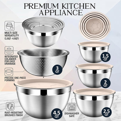 DUTZUN Mixing Bowls with Lids Set - 16pcs Stainless Steel Mixing Bowl Set with Colander, 3 Grater Attachments, Non-Slip Bottom, Metal Nesting Bowls with Strainer for Mixing & Serving - Black