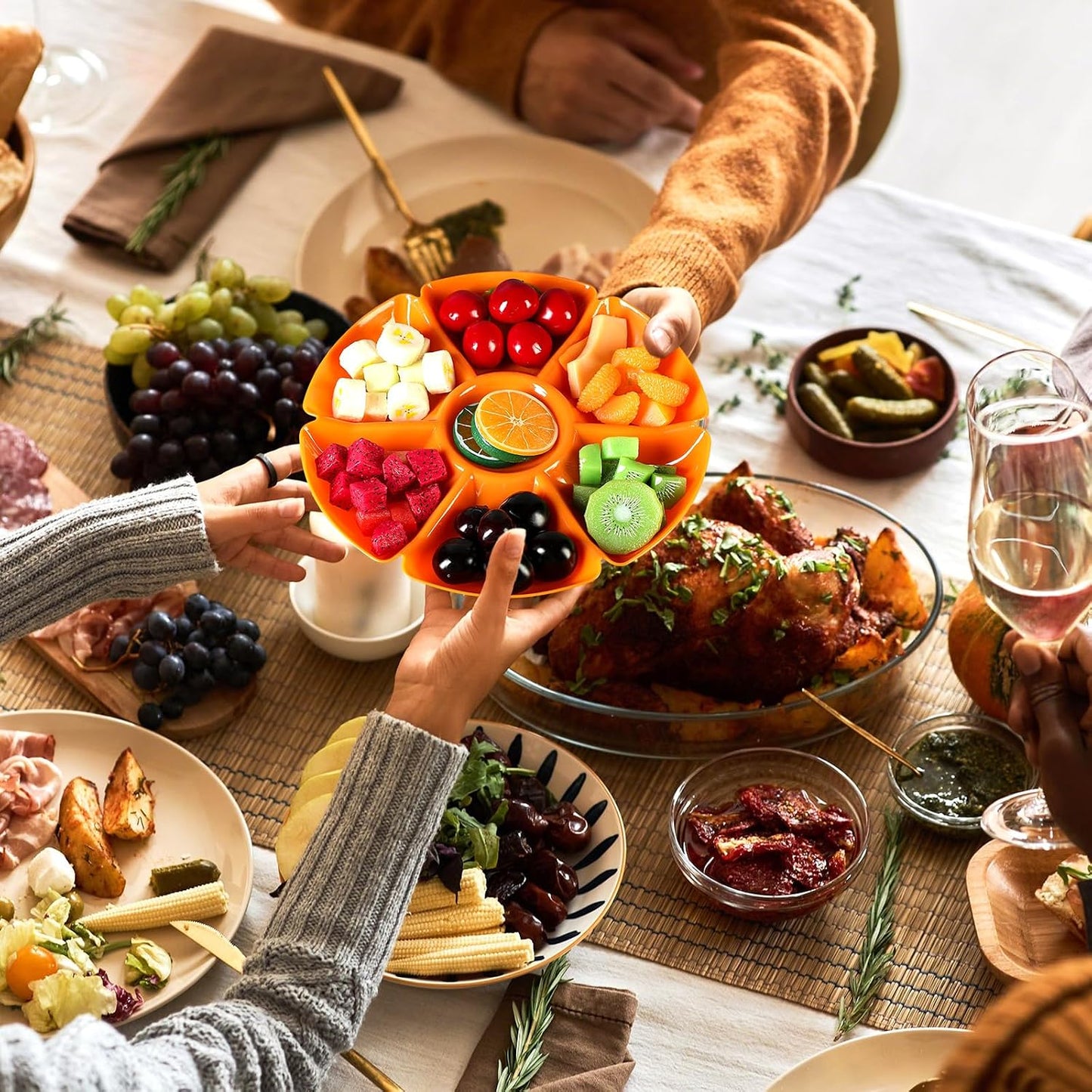 8 Pcs Thanksgiving Plates with Dividers Plastic Divided Snack Serving Tray 10.5 Inch Round 7 Compartments Chip Dip Platter Petal Shape Sectional Platter for Party Candy Nuts Fruits Veggies