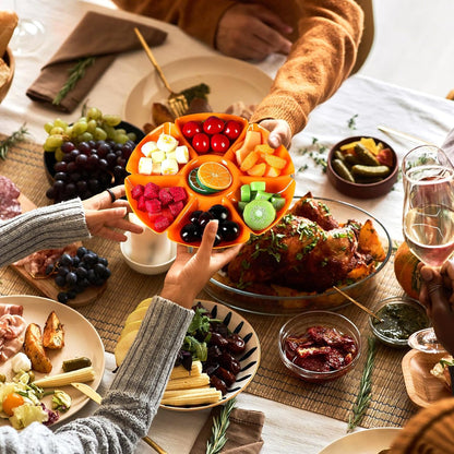 8 Pcs Thanksgiving Plates with Dividers Plastic Divided Snack Serving Tray 10.5 Inch Round 7 Compartments Chip Dip Platter Petal Shape Sectional Platter for Party Candy Nuts Fruits Veggies
