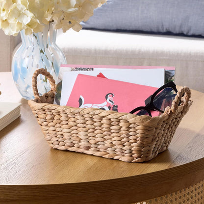 Handwoven water hyacinth basket with a loop handle, 3.9 inches, ideal for pantries, shelving, and home decor