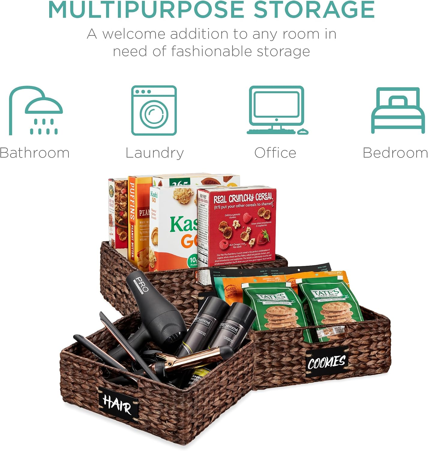 Best Choice Products Set of 4 9x12in Water Hyacinth Pantry Baskets, Woven Organizers w/Chalkboard Label, Chalk Marker - Natural
