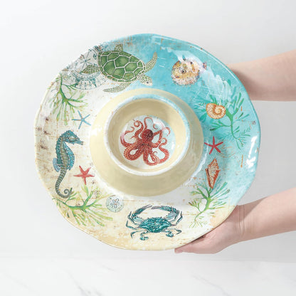 UP Sea Life Melamine Chip and Dip Serving Tray, Round Serving Platter for Chips, Salsa, Fruit, and Snacks, Multicolor, 13.5 Inch