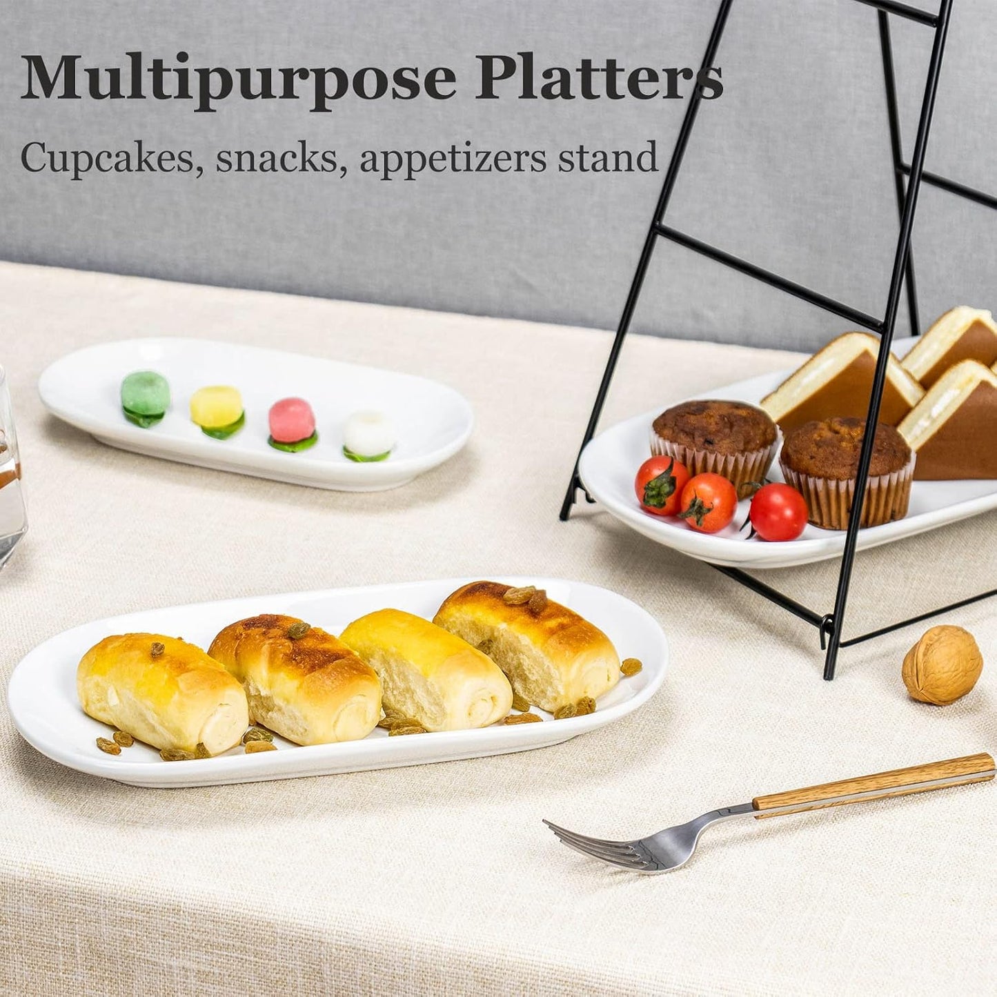 UNICASA Serving Bowls Set, 2 Tier Chip and Dip Bowls with Metal Rack Stand for Fruit, Salad, Candy, Snacks - Ceramic Tiered Appetizer Serving Dishes Food Display Stand for Parties, Kitchen