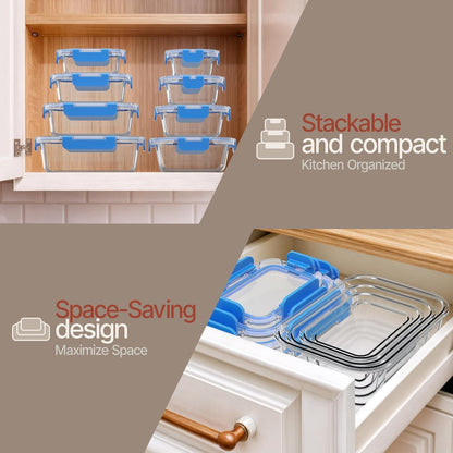 Bakken Borosilicate Glass Food Storage Containers with Lids 24 Pieces, BPA-Free Stackable Lunch & Leftover Containers, Microwave, Freezer & Dishwasher Safe, 100% Airtight Leak-Proof, Gray