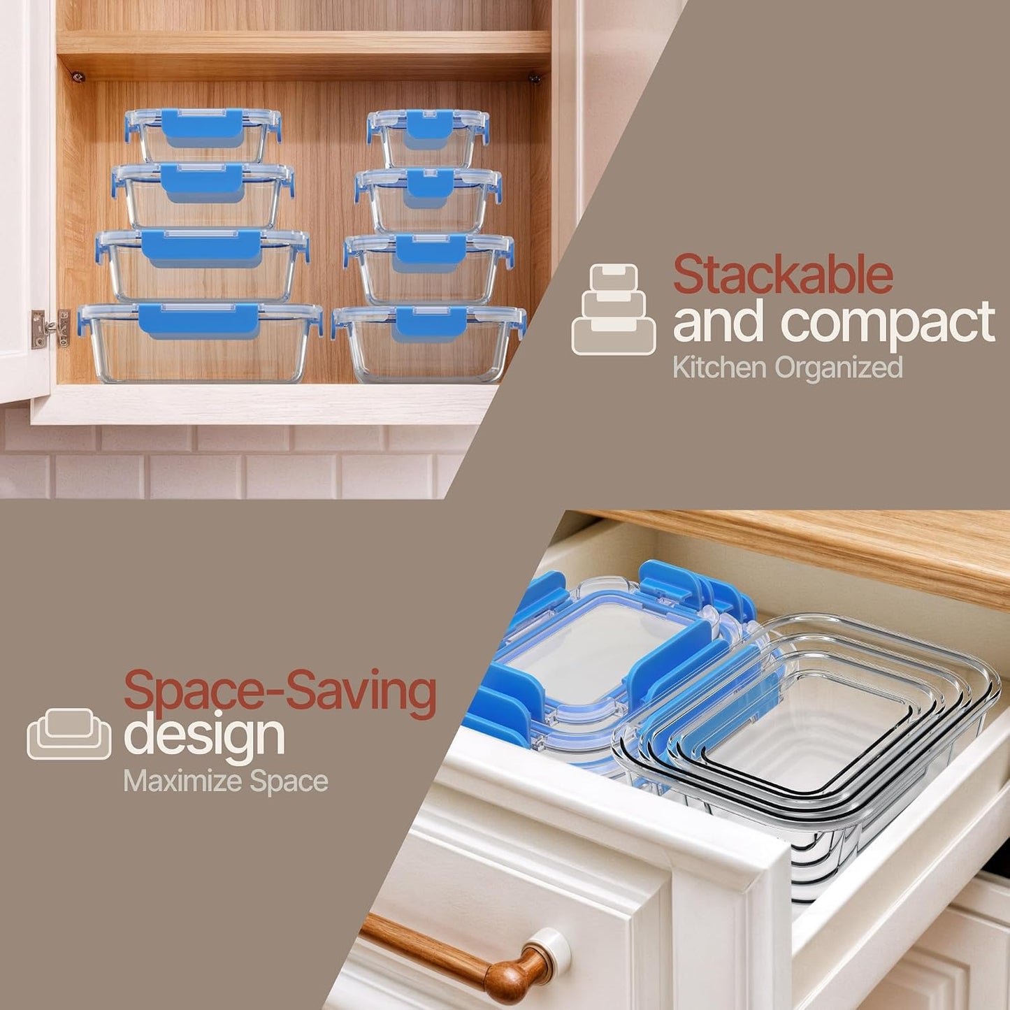 Bakken Borosilicate Glass Food Storage Containers with Lids 16 Pieces, BPA-Free Stackable Lunch & Leftover Containers, Microwave, Freezer & Dishwasher Safe, 100% Airtight Leak-Proof, Gray