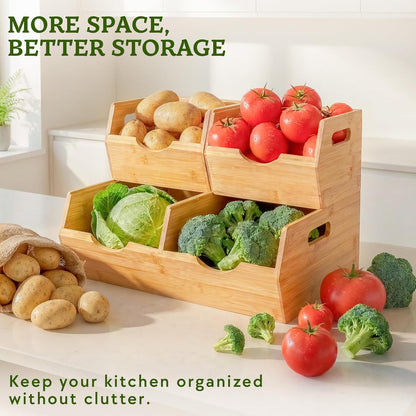 HOMESTEAD 3-Tier Bamboo Pantry Storage Bins – Stackable Potato & Onion Storage Bin with Handles, Fruit Basket & Produce Organizer for Kitchen Countertop, Pantry Organization, Set of 5