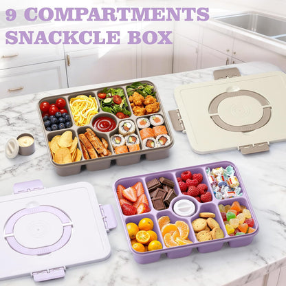 Snackle Box Container, Divided Serving Tray with Lid and Handle, 9 Compartments Snack Box Container for Adults, Portable Charcuterie Serving Platter for Candy Fruit, 9.9 Cups, White Grey