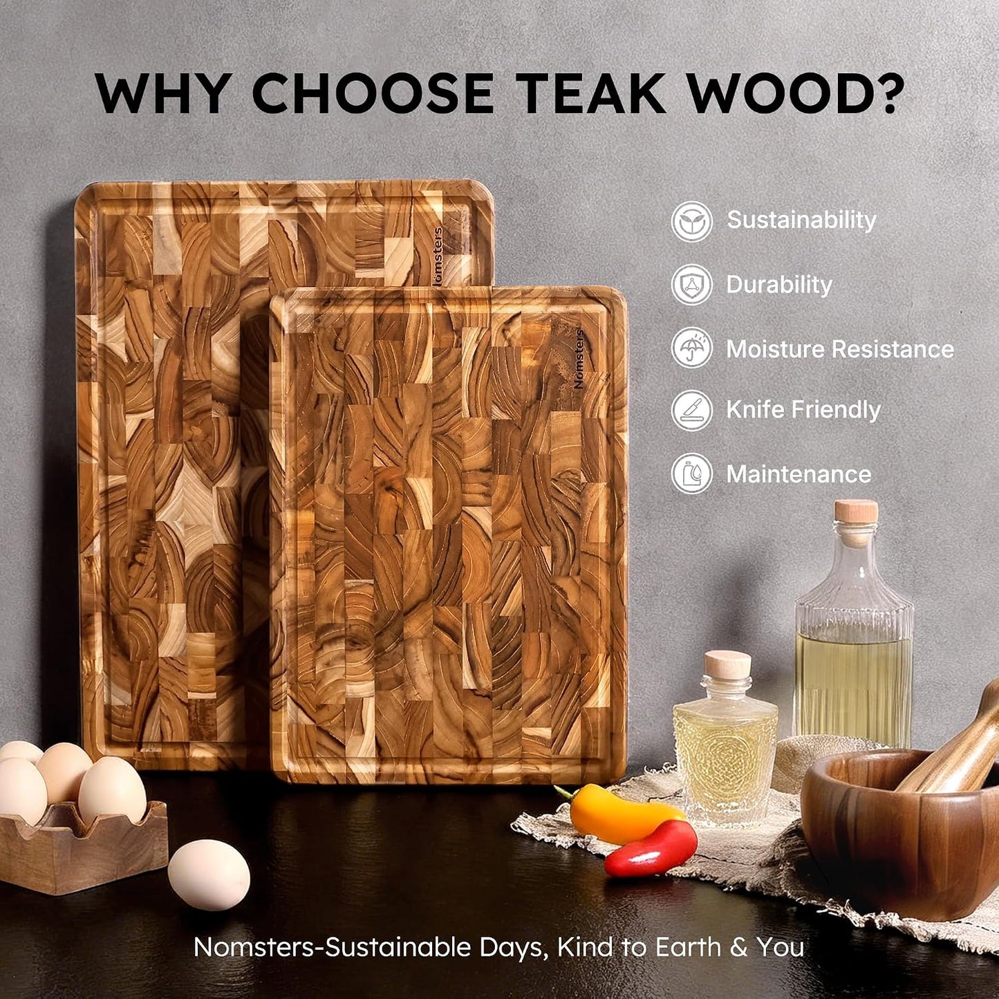 Teak Wood End Grain Cutting Board Set of 2 with Non-slip Feet, Reversible Cutting Boards for Kitchen with Juice Grooves and Handles Non Toxic Chopping Board Butcher Block Serving Tray Kitchen Gift