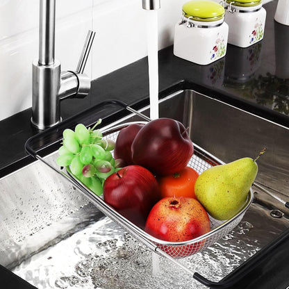 ZDRongZhen Kitchen Accessories Over the Sink Colander Strainer Basket，Stainless Steel Colander with Expandable Rubber Grip Sink Drainer-Rinse Vegetables Fruits &Strain&Drain (Large-Fine mesh)