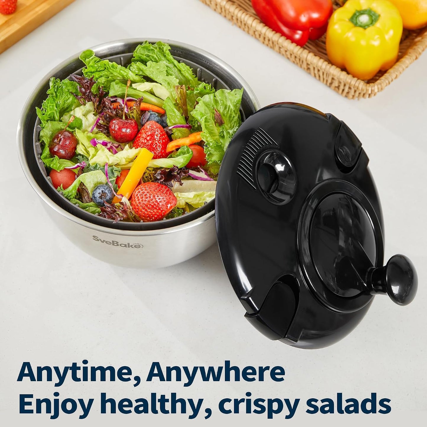 Stainless Steel Salad Spinner, 4.8 Qt Vegetable Washer, BPA-Free Lettuce Dryer with Crank Design, Dishwasher Safe, Non-Slip Base - Transparent Lid