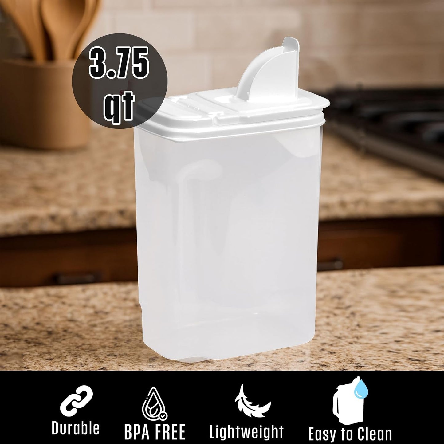 Buddeez Kitchen Pantry Container - Easy Grip Handle for Mess Free Use - Flour and Sugar Storage Made Simple - 4 Quart White Lid