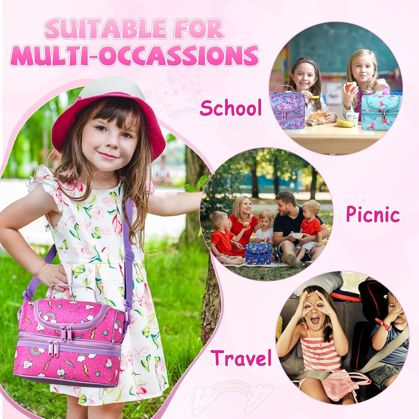 Lunch Bag for Girls,ChaseChic Insulated Lightweight Lunch Boxes for Kids Boys Dual Compartment Lunch Organizer Leak-Proof Cooler Bag with Detachable Adjustable Shoulder Strap,Purple Butterflies