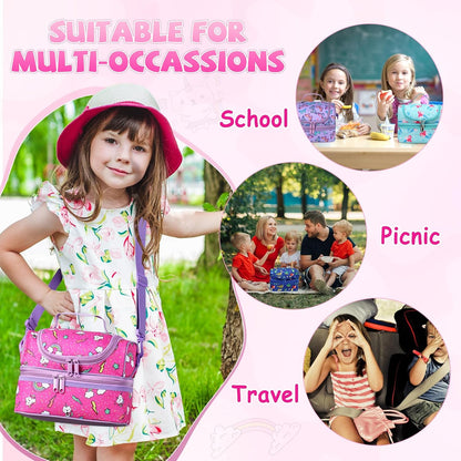 Lunch Bag for Girls,ChaseChic Insulated Lightweight Lunch Boxes for Kids Boys Dual Compartment Lunch Organizer Leak-Proof Cooler Bag with Detachable Adjustable Shoulder Strap,Purple Butterflies