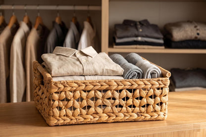 NAYA 11.6" Water Hyacinth Medium Wicker Shelf Basket – Storage Bin | Handwoven water hyacinth shelf basket with sturdy handles for pantry, towels and everyday home organization.